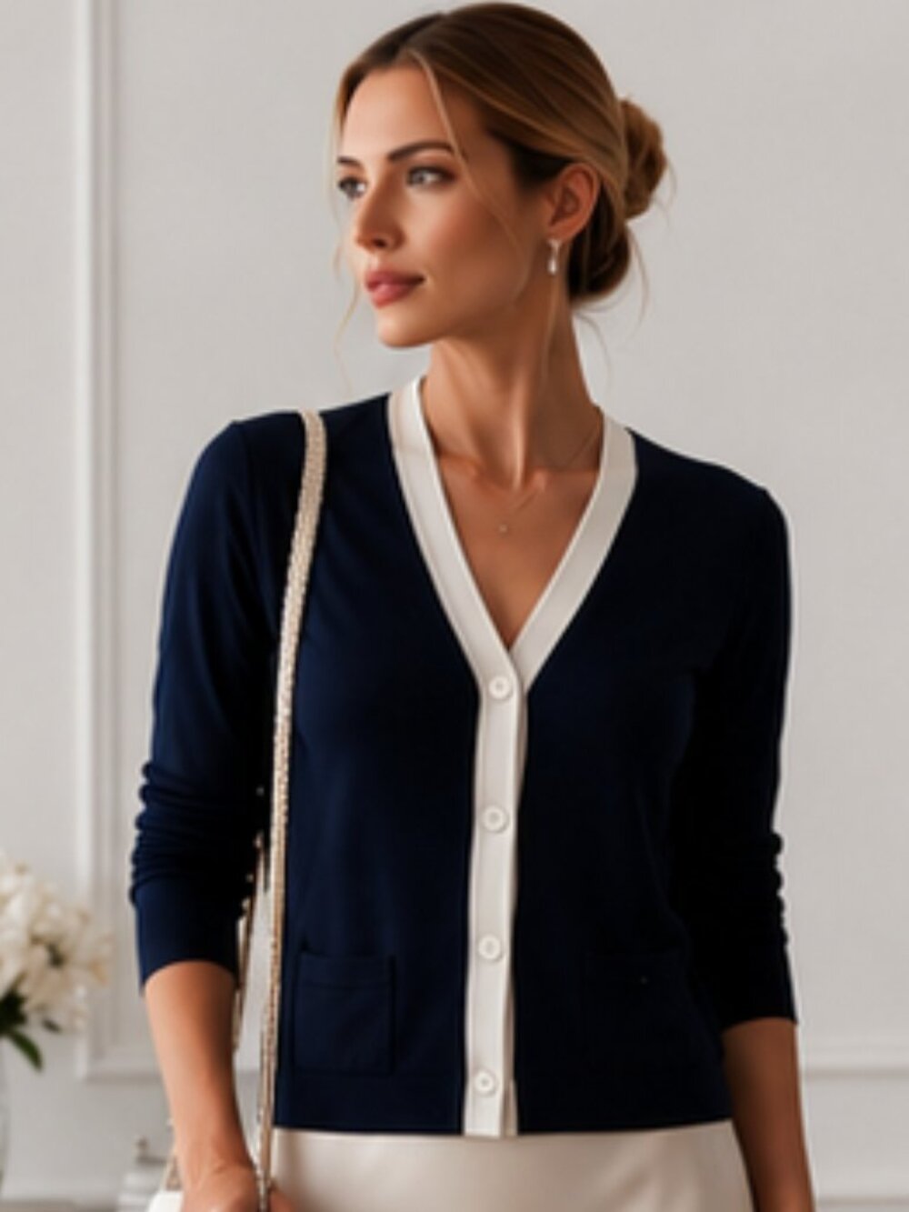 Jones New York Silk Blend Navy Cardigan White Trim NWT S